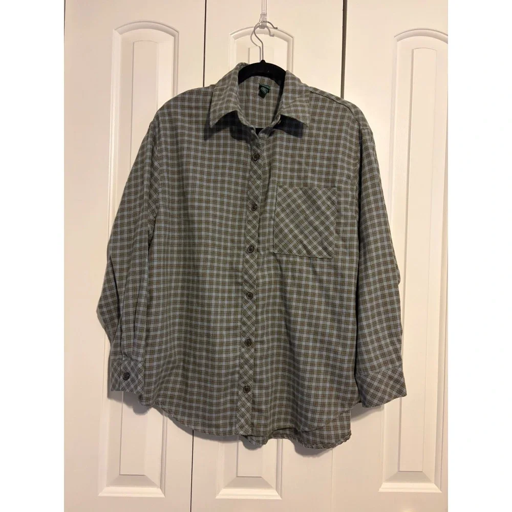 Wild Fable Button Down Plaid Shirt Blue Olive Green Side Pockets Size M‎